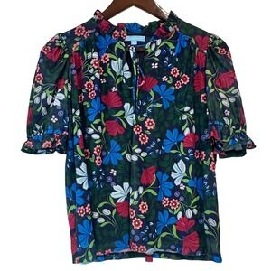 Draper James Floral Print Ruffle Neck Short Sleeve Blouse Womens Size Small